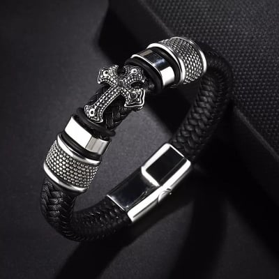 Picture of Style Leather Woven Cross High Quality Metal Leather Bracelet for Men Black Adjustable