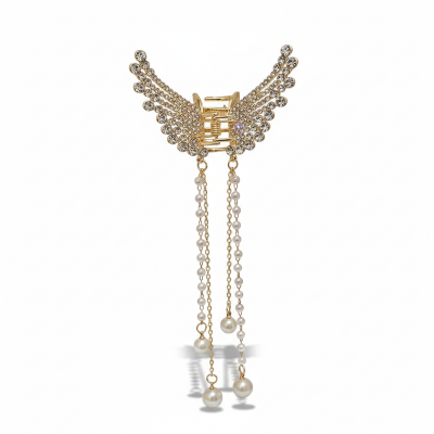 Picture of New Crystal Rhinestone Butterfly Pearl Tassel Hairpin Korean Simple Side Clip Liu Hai Clip Shark Hairpin Hair Accessories Women Gold 
