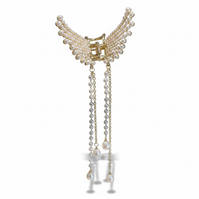 Picture of Long Butterfly Tassel Pearls Rhinestones Geometric Hair Clip for Women Gold 