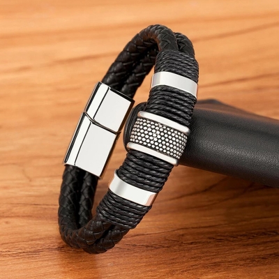 Picture of Superb Trendsetter -Upscale Living -Braided Leather Rope Bracelet Stainless Steel Magnetic Buckle Bracelet- Inventive Choice Black 22 CM