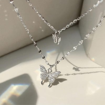 Picture of Double-layer Butterfly Pendant Necklace Simple Sweet Jewelry for Women Silver Adjustable