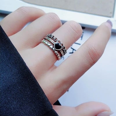Picture of Trendy Black Love Adjustable Rings For Woman Silver 