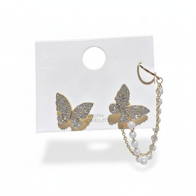 Picture of Korean Elegant Cute Rhinestone Butterfly Stud Earrings/Ear clip For Women Silver Adjustable