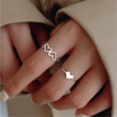 Picture of Heart Ring and Queen Couple Ring Set In Titanium Silver Color Silver Adjustable