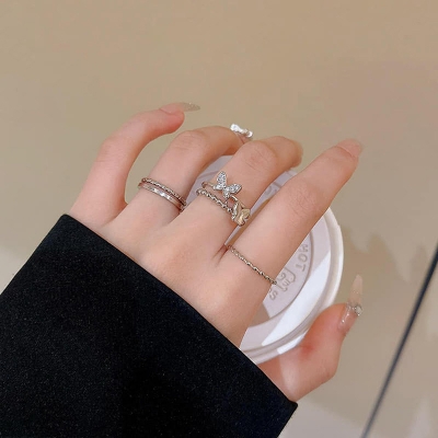 Picture of 4 Pcs Korean Cute Butterfly Rings Set Punk Fashion Geometric Round  Rings for Women Silver Adjustable