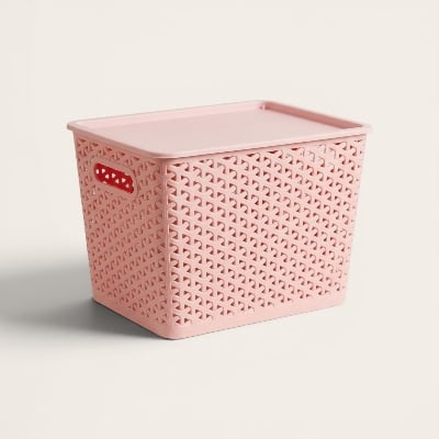 Picture of Bengal Plastics Premium Rattan Effect Storage Basket with Lid (Medium - 29.5 x 23 x 20.5 cm) - Multi-Color Organizing Set
