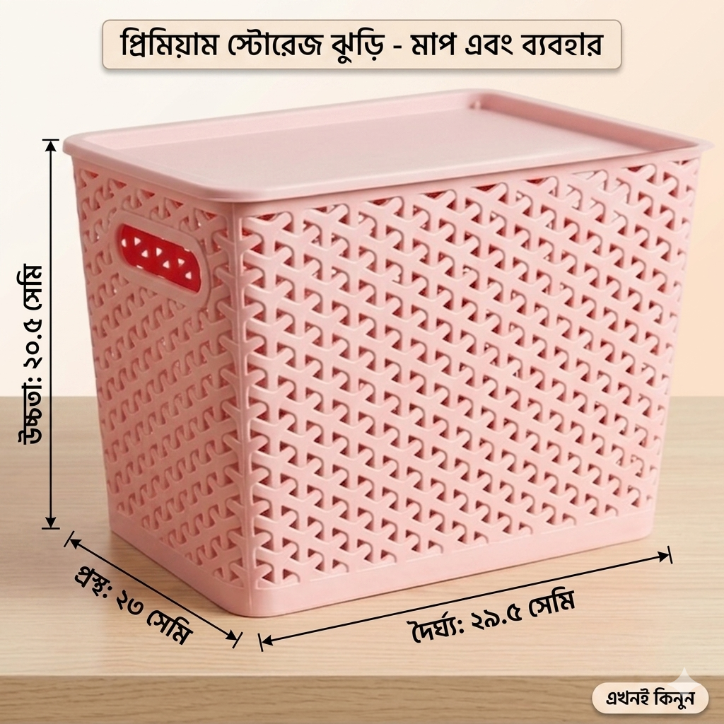 Picture of Bengal Plastics Premium Rattan Effect Storage Basket with Lid (Medium - 29.5 x 23 x 20.5 cm) - Multi-Color Organizing Set