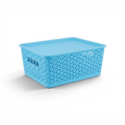 Picture of Bengal Plastic Premium Light Blue Storage Basket with Lid | Multi-purpose Grid Design Organizer Box (Size: 29x23x11 cm)