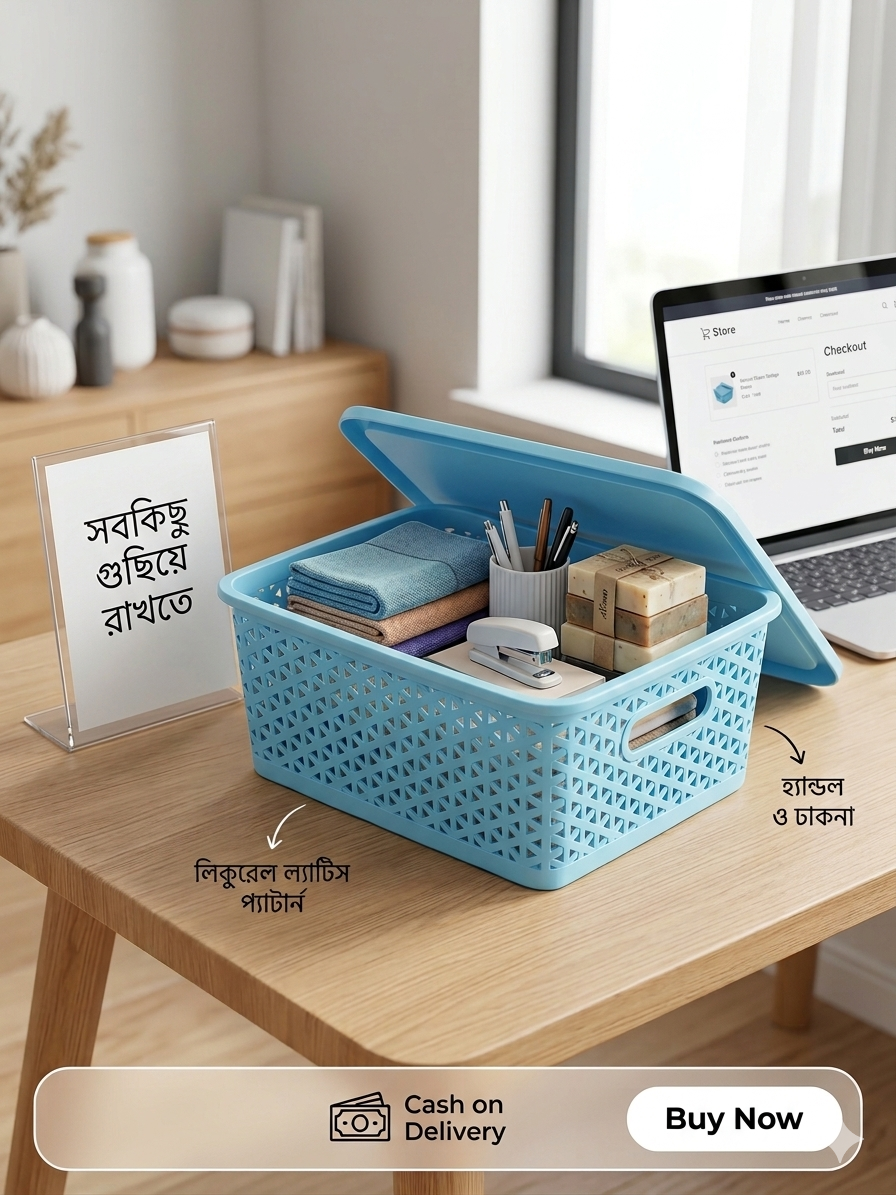 Picture of Bengal Plastic Premium Light Blue Storage Basket with Lid | Multi-purpose Grid Design Organizer Box (Size: 29x23x11 cm)