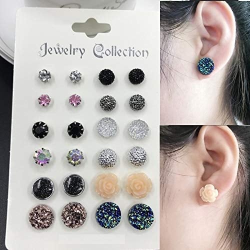 Picture of 12 Pairs/Set Fashion Crystal Simluated Pearl Stud Earrings Jewelry For Women Girls - Multicolor