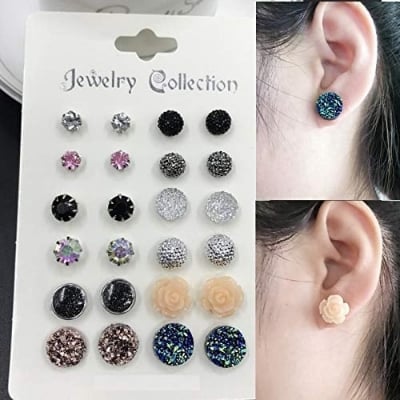 Picture of 12 Pairs/Set Fashion Crystal Simluated Pearl Stud Earrings Jewelry For Women Girls - Multicolor