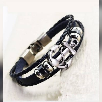Picture of Leather Stainless Steel Buckle Charm Bracelet - Black