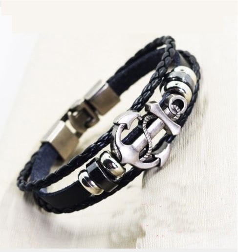 Picture of Leather Stainless Steel Buckle Charm Bracelet - Black