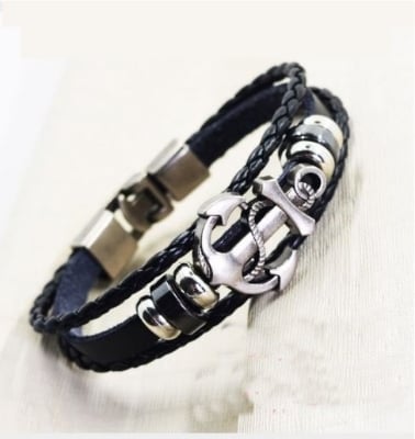 Picture of Leather Stainless Steel Buckle Charm Bracelet - Black