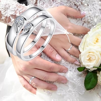 Picture of Couple's Ring Set Stainless Steel Wedding Band for Men And Women Engagement Rings Unisex Love Symbol Jewelry - Silver