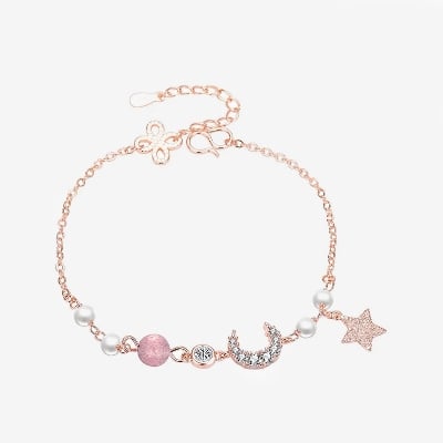 Picture of Pretty Stainless Steel Bracelet for Women Sweet Moon Star Zirconia Best Friend Bangle - Pink