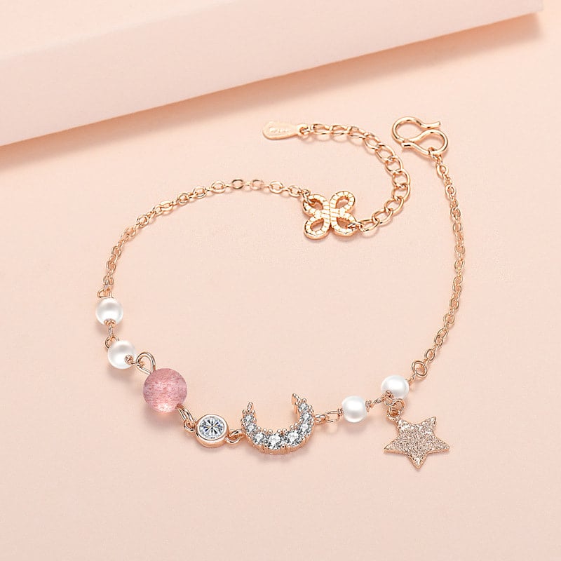 Picture of Pretty Stainless Steel Bracelet for Women Sweet Moon Star Zirconia Best Friend Bangle - Pink