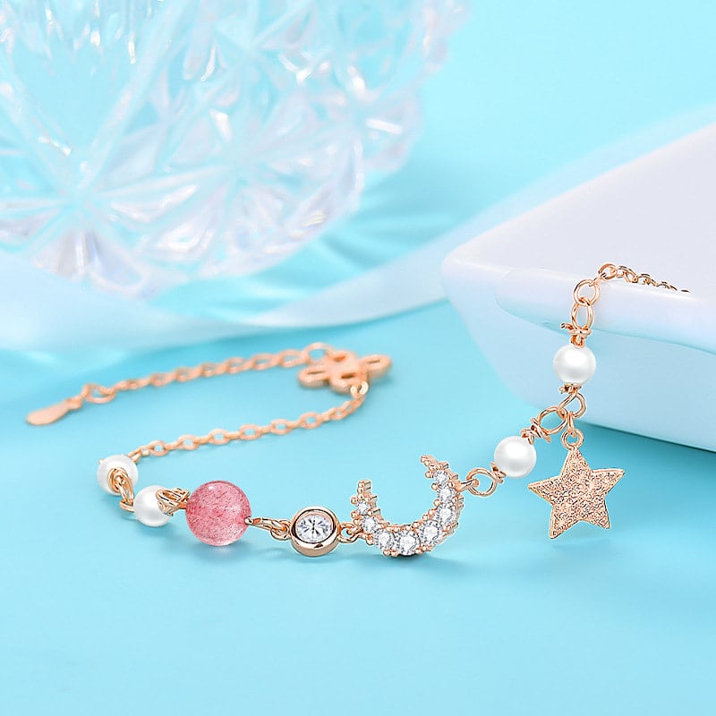 Picture of Pretty Stainless Steel Bracelet for Women Sweet Moon Star Zirconia Best Friend Bangle - Pink