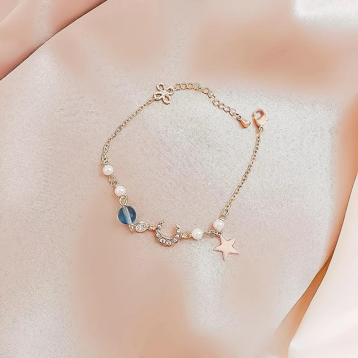 Picture of Star and Moon Metal Crystal Stone Adjustable  Bracelet for Women - Blue