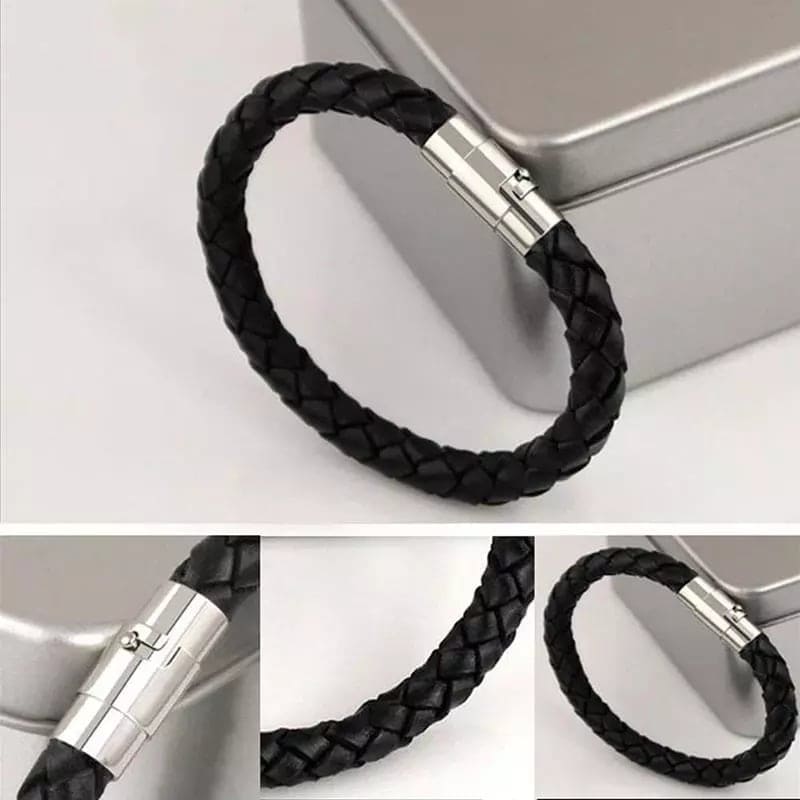 Picture of Stainless Steel Magnetic Clasp Handmade Men Bracelets Bangles Braided Leather Bracelet - Black