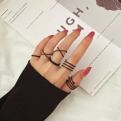 Picture of 6Pcs Fashion Hiphop Geometric Rings Set For Women Girls Simple - Black