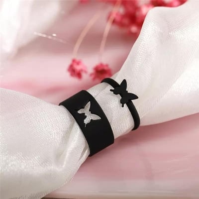 Picture of Butterfly King and Queen Couple Ring Set In Titanium Colour-Black - Finger Ring