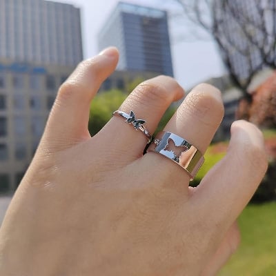Picture of Butterfly King and Queen Couple Ring Set In Titanium hart Silver - Silver