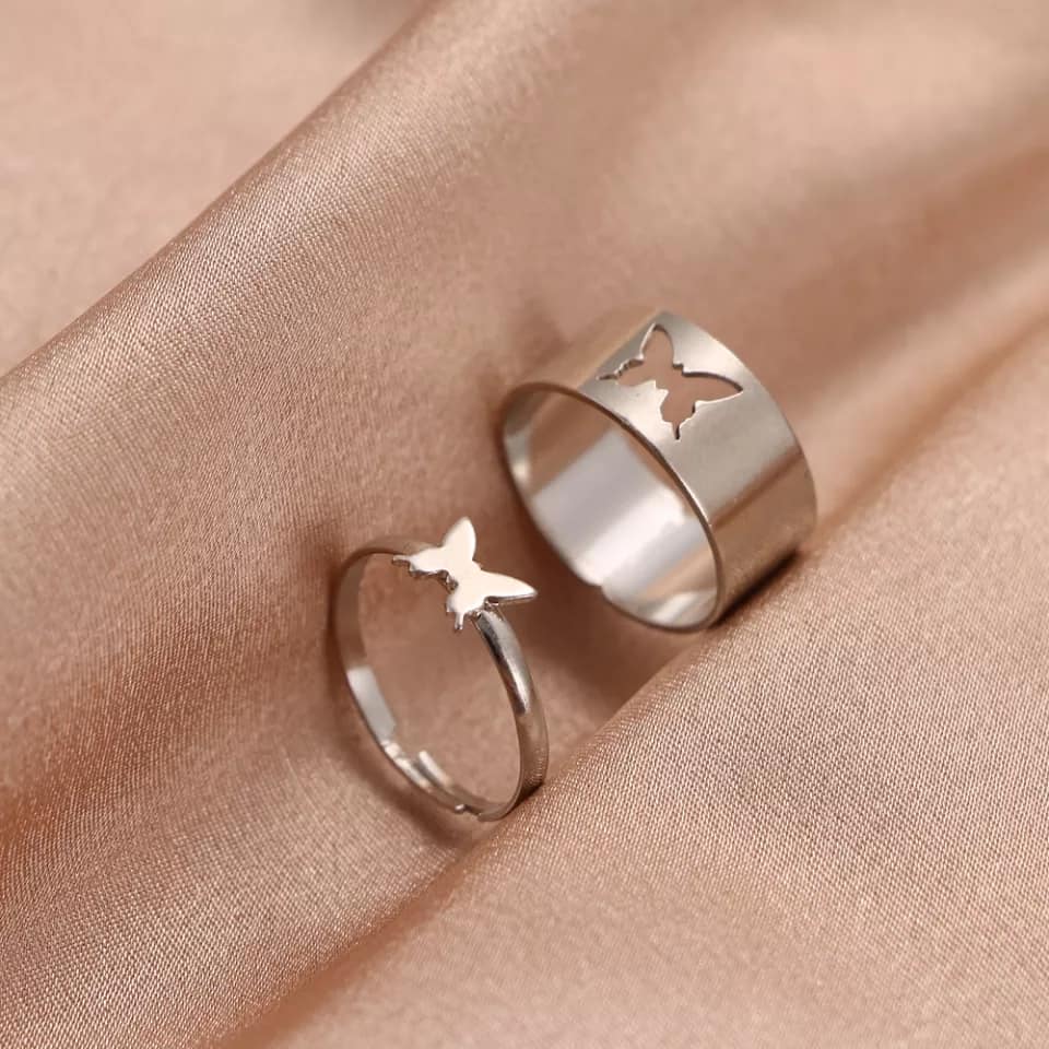 Picture of Butterfly King and Queen Couple Ring Set In Titanium hart Silver - Silver