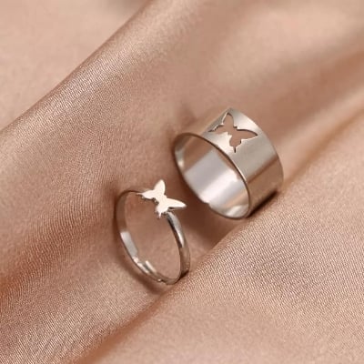 Picture of Butterfly King and Queen Couple Ring Set In Titanium hart Silver - Silver