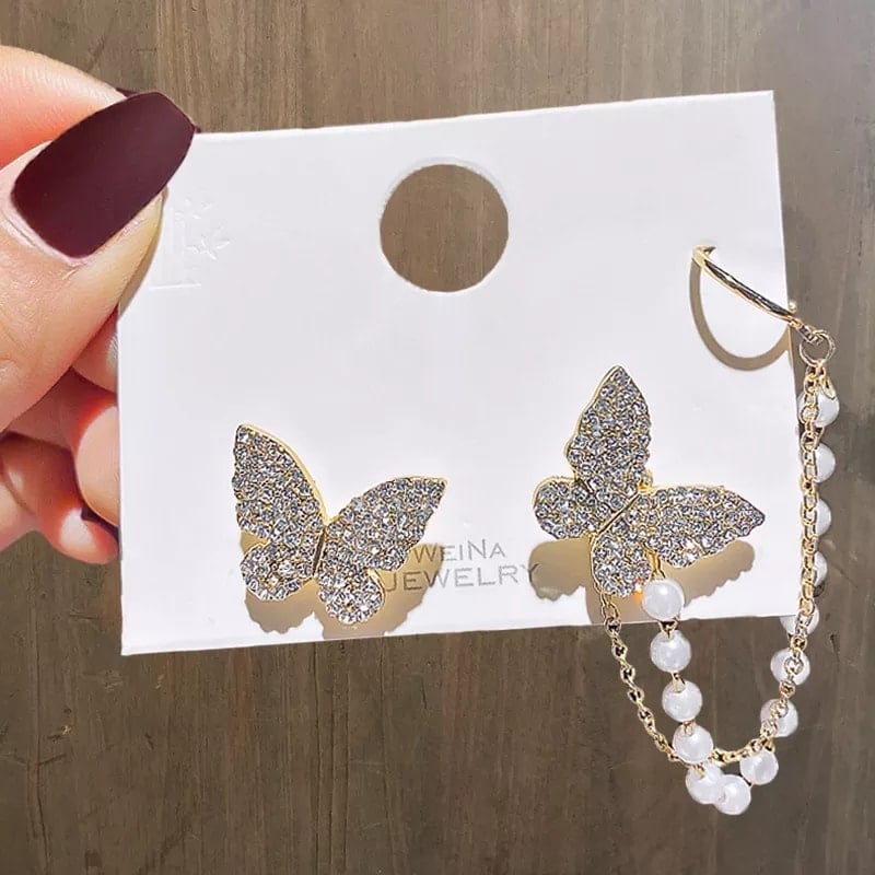 Picture of Korean Elegant Cute Trendy Fashionable Rhinestone Butterfly Ear Cuff Earrings - Pearl Stud Earrings for Women New Collection - - Gold