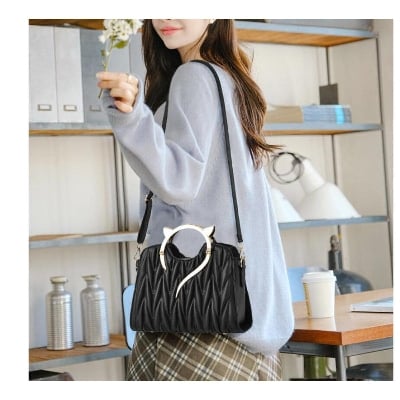 Picture of Cute Cat Style Handbag Women Fashion Single Shoulder Bags Large Capacity Tote Bag Soft Leather Shoulder Bag Fashion Handbeg - Black