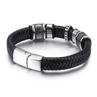 Picture of Men's Fashion Classic Black Woven Leather Inlaid Magnetic Bracelet - Silver