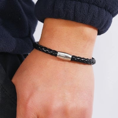 Picture of Trendsetter -Black Brown Braided Leather Bracelet For Men Male Jewelry Gift Stainless Steel Magnetic Clasp- Inventive Choice