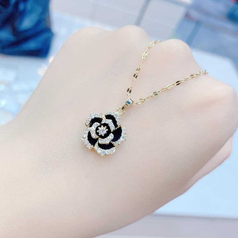 Picture of Highly Durable - New Luxury Crystal Necklace For Women Rose Black Pendant for Women - Sustainable Choice - Designed - Urban Vibes - Gold