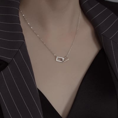 Picture of Stylish - Modern Vibe - Easily Usable - Dainty Double Square Necklace Chain For Women/ Girls - Easy To maintain - Understated Sophistication - Silver
