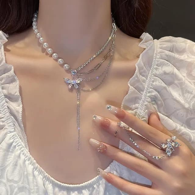 Picture of Lavish indulgent - Double Layer Clavicle Chain Diamond Pendant Shining Crystal Butterfly Necklace For Ladies - Easy To maintain - Silver