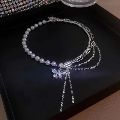 Picture of Lavish indulgent - Double Layer Clavicle Chain Diamond Pendant Shining Crystal Butterfly Necklace For Ladies - Easy To maintain - Silver