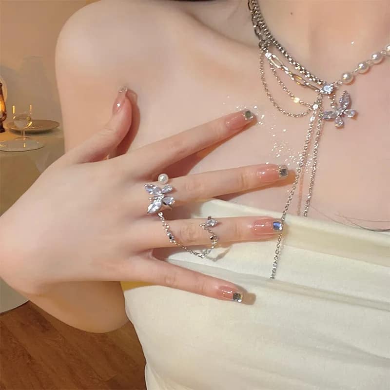 Picture of Lavish indulgent - Double Layer Clavicle Chain Diamond Pendant Shining Crystal Butterfly Necklace For Ladies - Easy To maintain - Silver