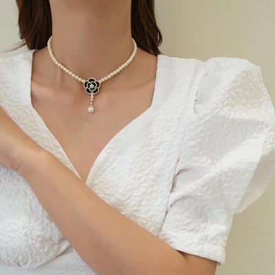 Picture of Stylish Addition - Pearl Rose Flower Small Pendant Necklace Clavicle Chain Jewelry Accessories - Sustainable Choice - Elite Expression - White