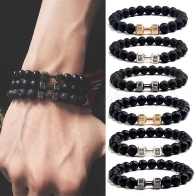 Picture of Trendsetter - Fashion Innovator - Superb Quality - Stainless Steel Dumbbell Stone Beaded Bracelet for Men - Trend and Needful - Black