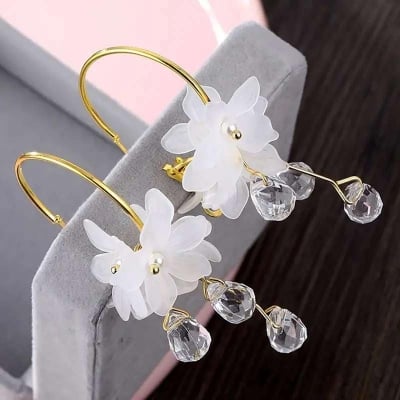 Picture of Trendsetter -Stylish - Modern Vibe - Easily Usable - Trendy Shiny White Flower Pearls Dangle Earrings For Women - Easy To maintain- Inventive Choice - White