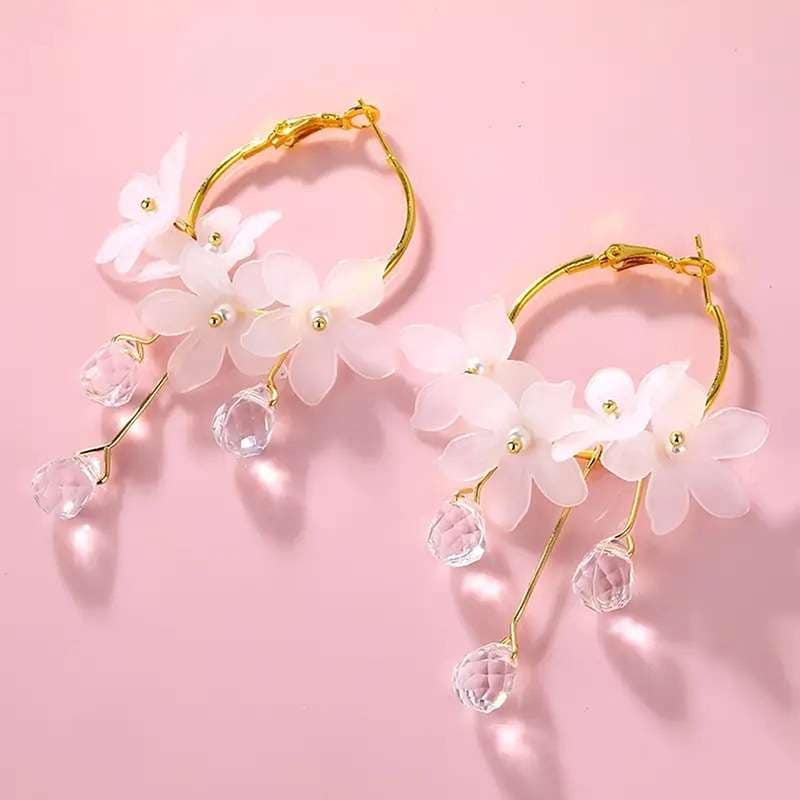 Picture of Trendsetter -Stylish - Modern Vibe - Easily Usable - Trendy Shiny White Flower Pearls Dangle Earrings For Women - Easy To maintain- Inventive Choice - White