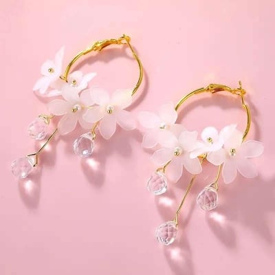 Picture of Trendsetter -Stylish - Modern Vibe - Easily Usable - Trendy Shiny White Flower Pearls Dangle Earrings For Women - Easy To maintain- Inventive Choice - White