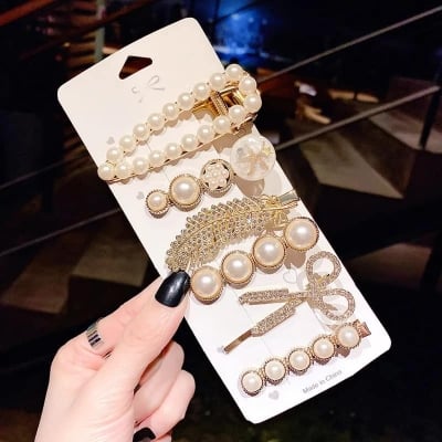 Picture of Korean Fashion Shiny HairClip Retro Hairpin Set Girls Crystal White Pearl For Women/Girls Preferble - Low Hassle and Maintanance - White