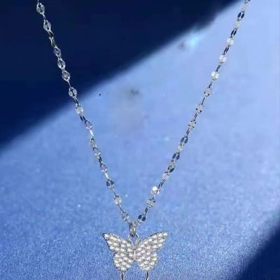 Picture of Silver Simple Brilliant Butterfly Pendant with Cubic Zirconia and Necklace - Silver