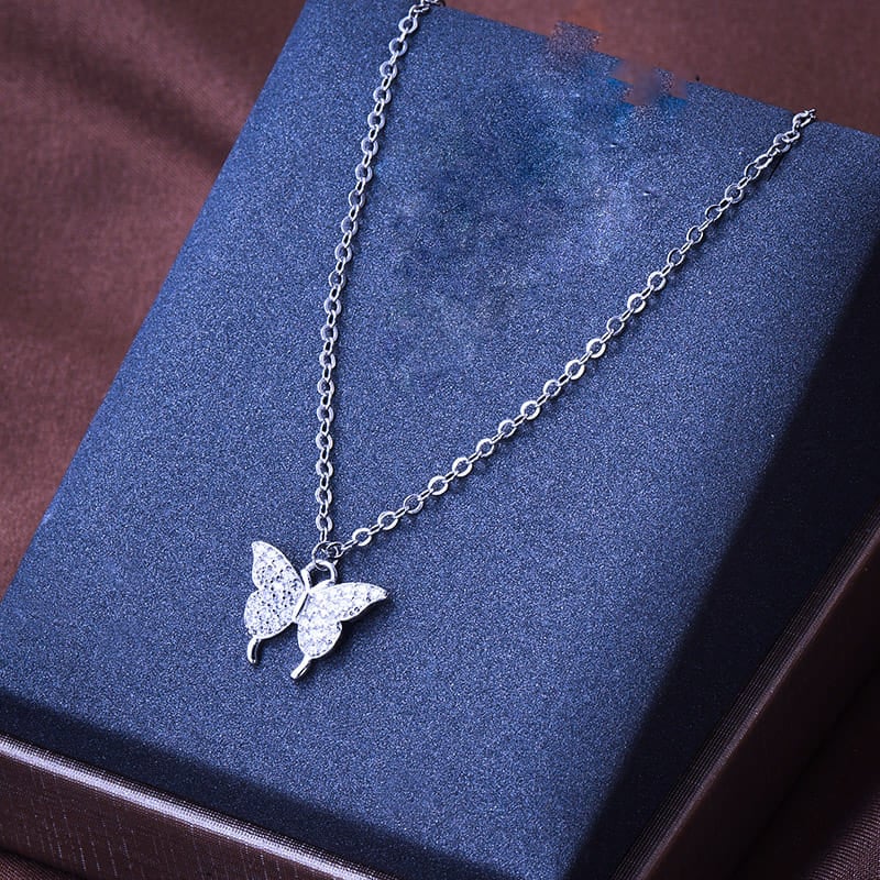 Picture of Silver Simple Brilliant Butterfly Pendant with Cubic Zirconia and Necklace - Silver