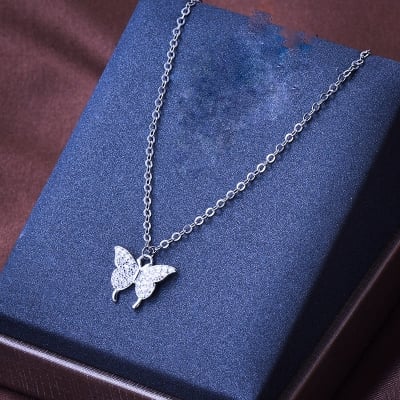 Picture of Silver Simple Brilliant Butterfly Pendant with Cubic Zirconia and Necklace - Silver