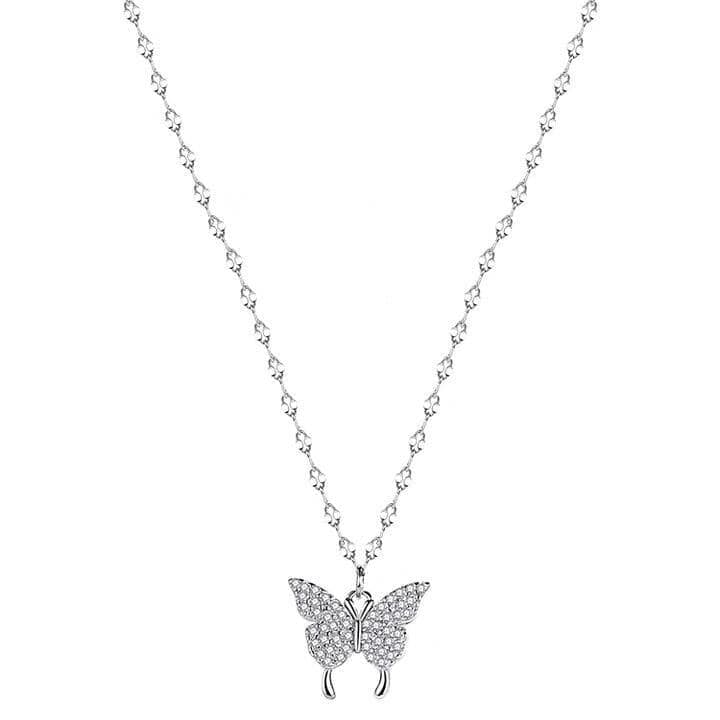 Picture of Silver Simple Brilliant Butterfly Pendant with Cubic Zirconia and Necklace - Silver