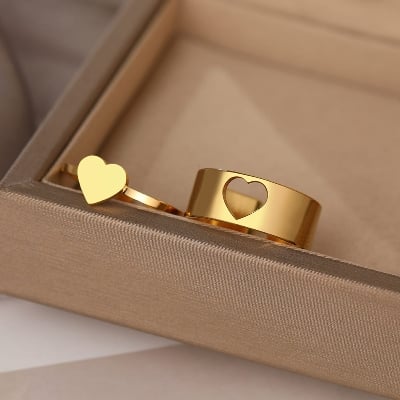 Picture of LOVE King & Queen Couple Ring Set In Titanium Hart Finger Ring Heart/ Attrtive Couple Open Rings