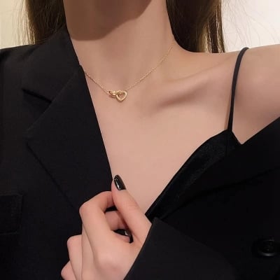 Picture of Trendy Two Heart Shaped Necklaces For Women Geometric Shape Choker Ladies Birthday Gift Fashion Jewelry